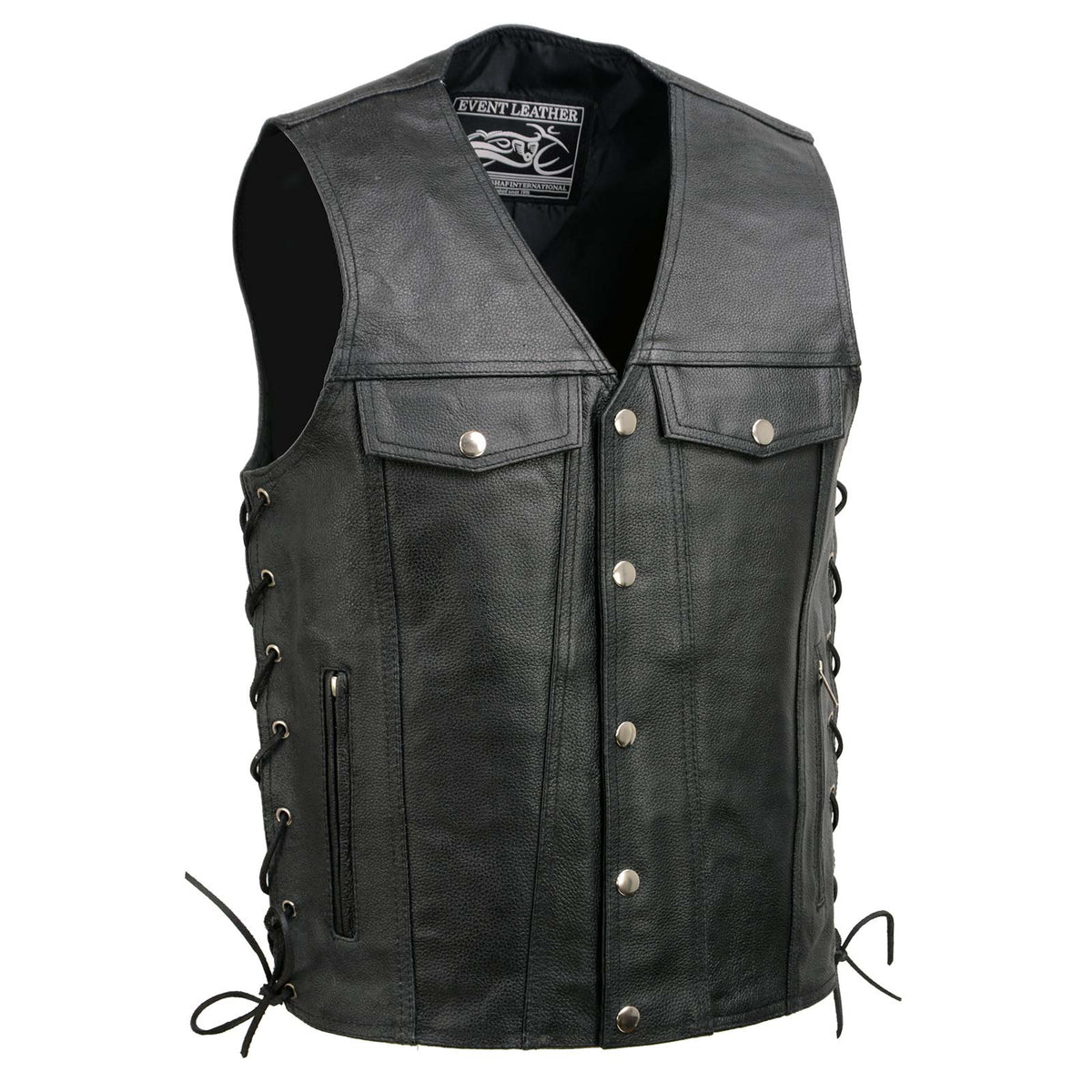 Event Leather EL5360 Men's Black Leather Vest with Denim Style Pockets and Side Lace