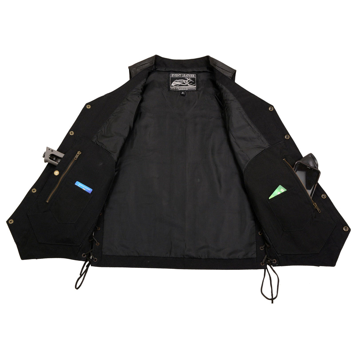 Event Leather EL5391 Men's Tall Sizes Black Leather 10 Pocket Side Lace Vest