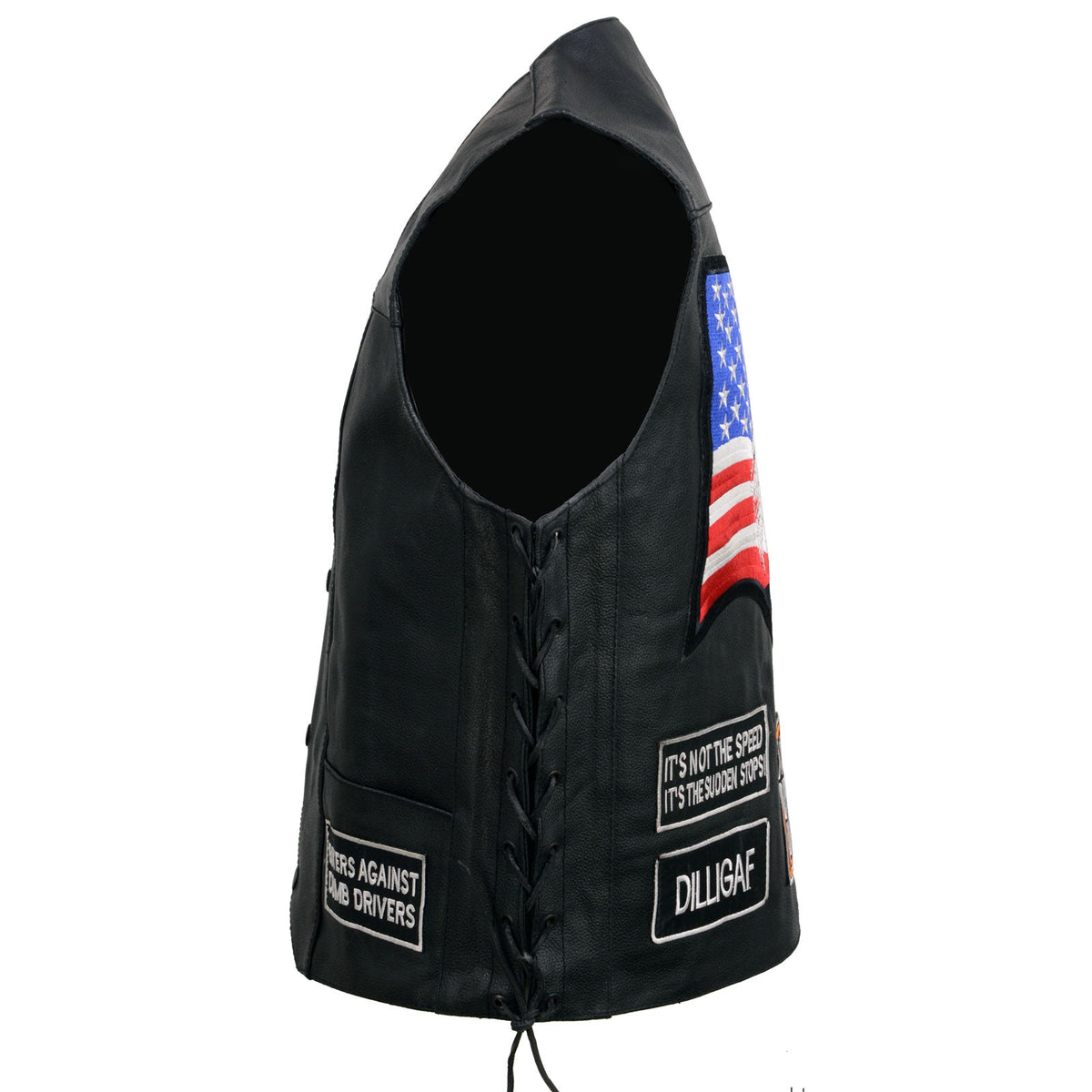 Event Leather Men's Black Motorcycle Leather Vest w/ Patches - ELM3925