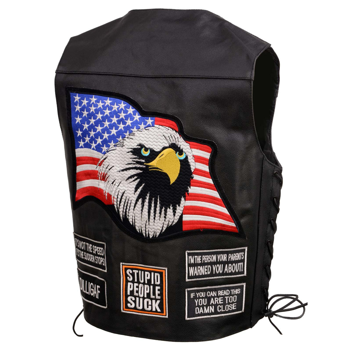 Event Leather Men's Black Motorcycle Leather Vest w/ Patches - ELM3925