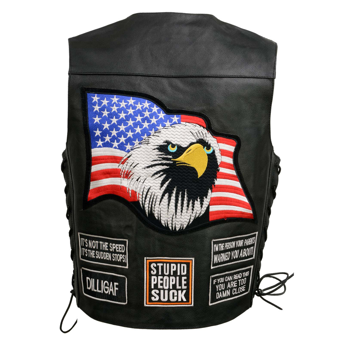 Event Leather Men's Black Motorcycle Leather Vest w/ Patches - ELM3925