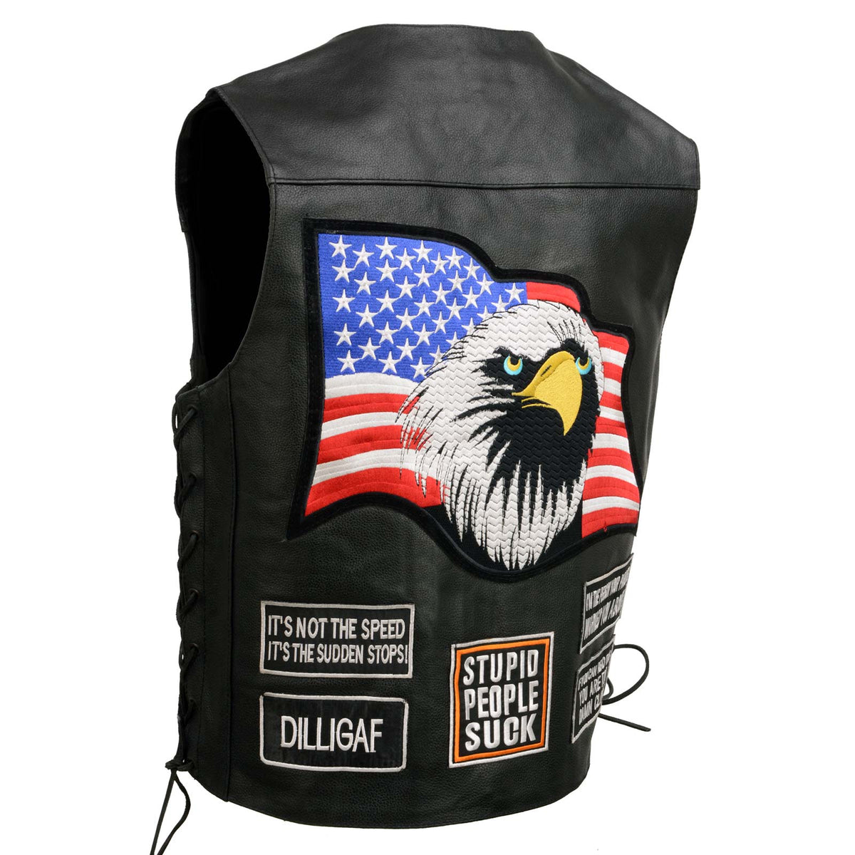 Event Leather Men's Black Motorcycle Leather Vest w/ Patches - ELM3925