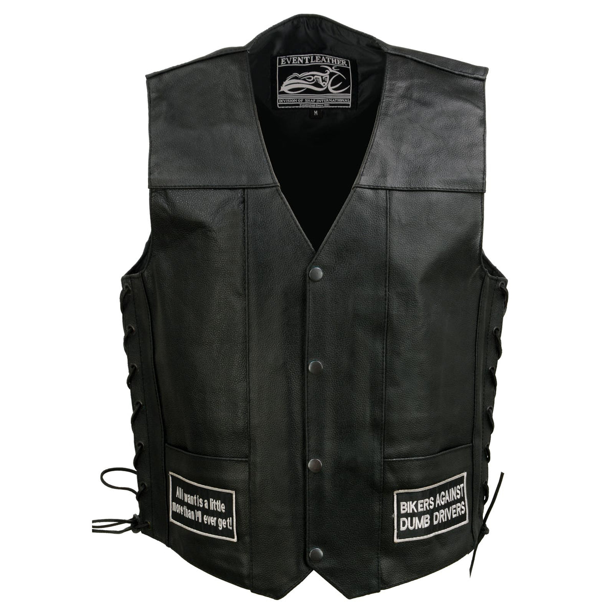 Event Leather Men's Black Motorcycle Leather Vest w/ Patches - ELM3925