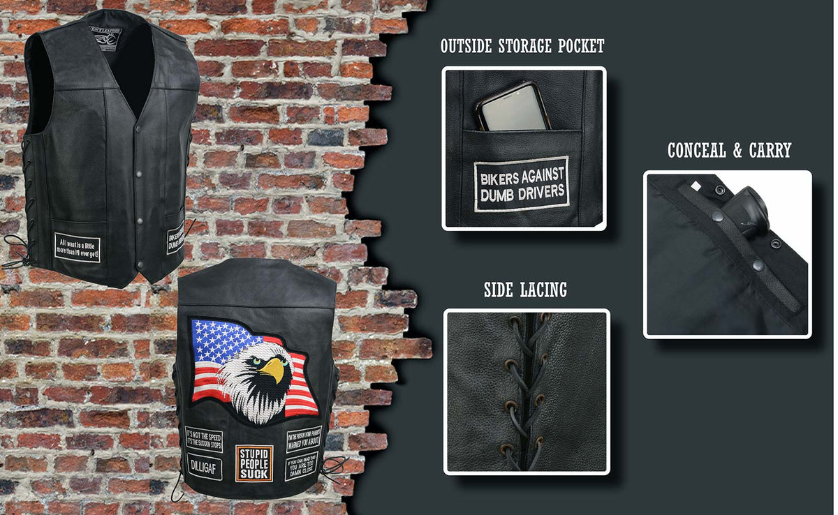 Event Leather Men's Black Motorcycle Leather Vest w/ Patches - ELM3925