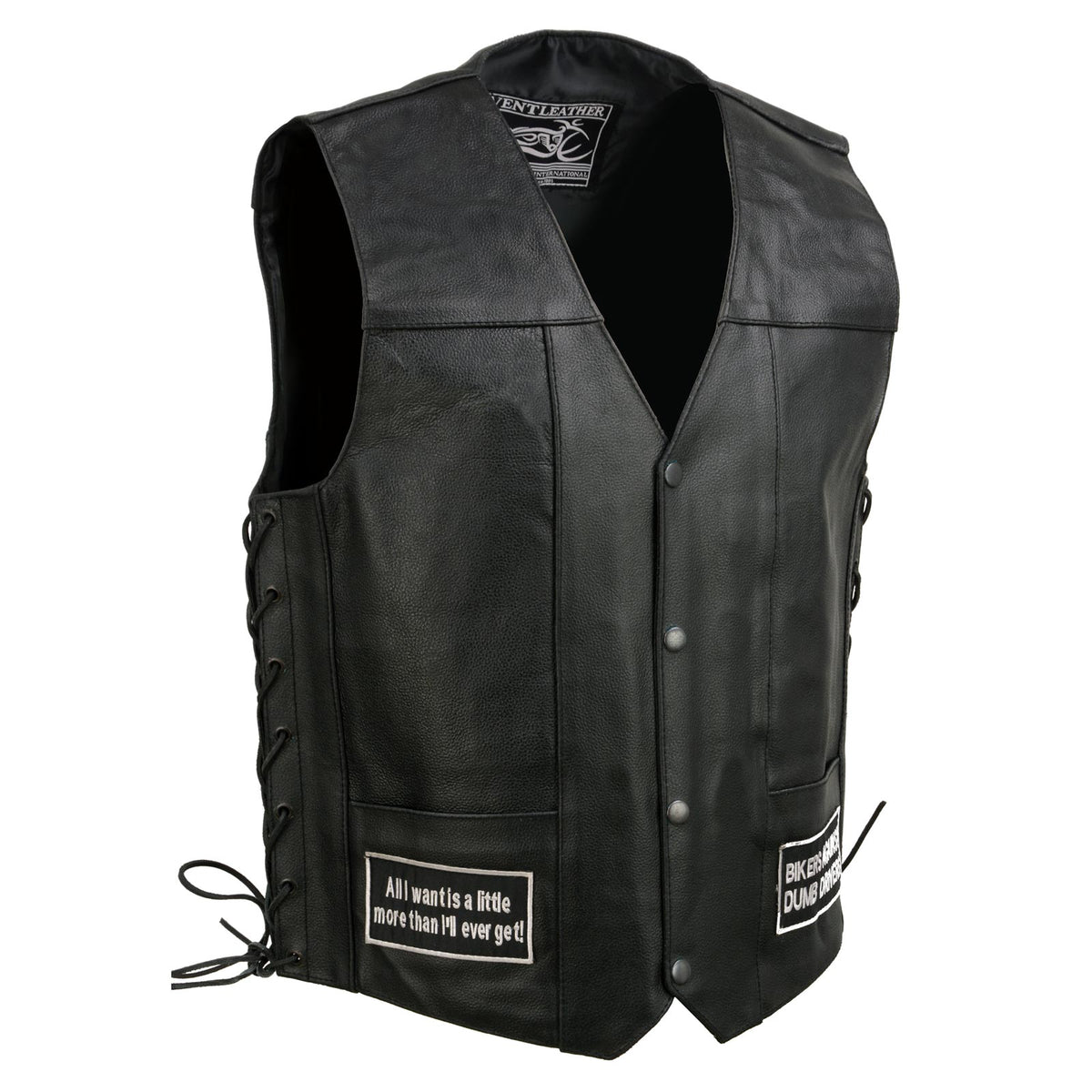 Event Leather Men's Black Motorcycle Leather Vest w/ Patches - ELM3925