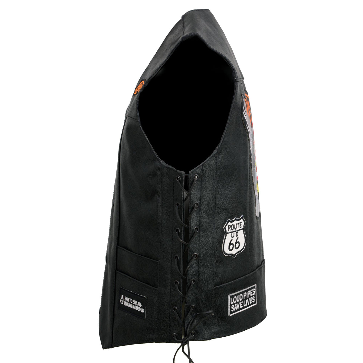 Event Leather ELM3930 Men’s Black Motorcycle Riders Leather Vest w/ 9 Patches and Adjustable Side Laces