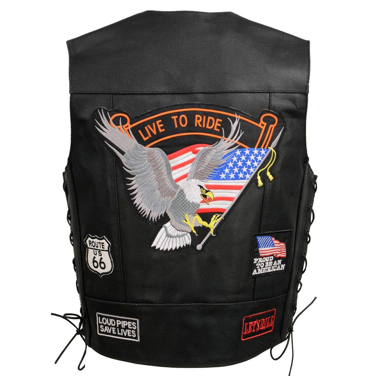 Event Leather ELM3930 Men’s Black Motorcycle Riders Leather Vest w/ 9 Patches and Adjustable Side Laces