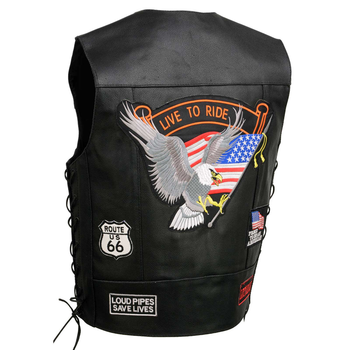 Event Leather ELM3930 Men’s Black Motorcycle Riders Leather Vest w/ 9 Patches and Adjustable Side Laces