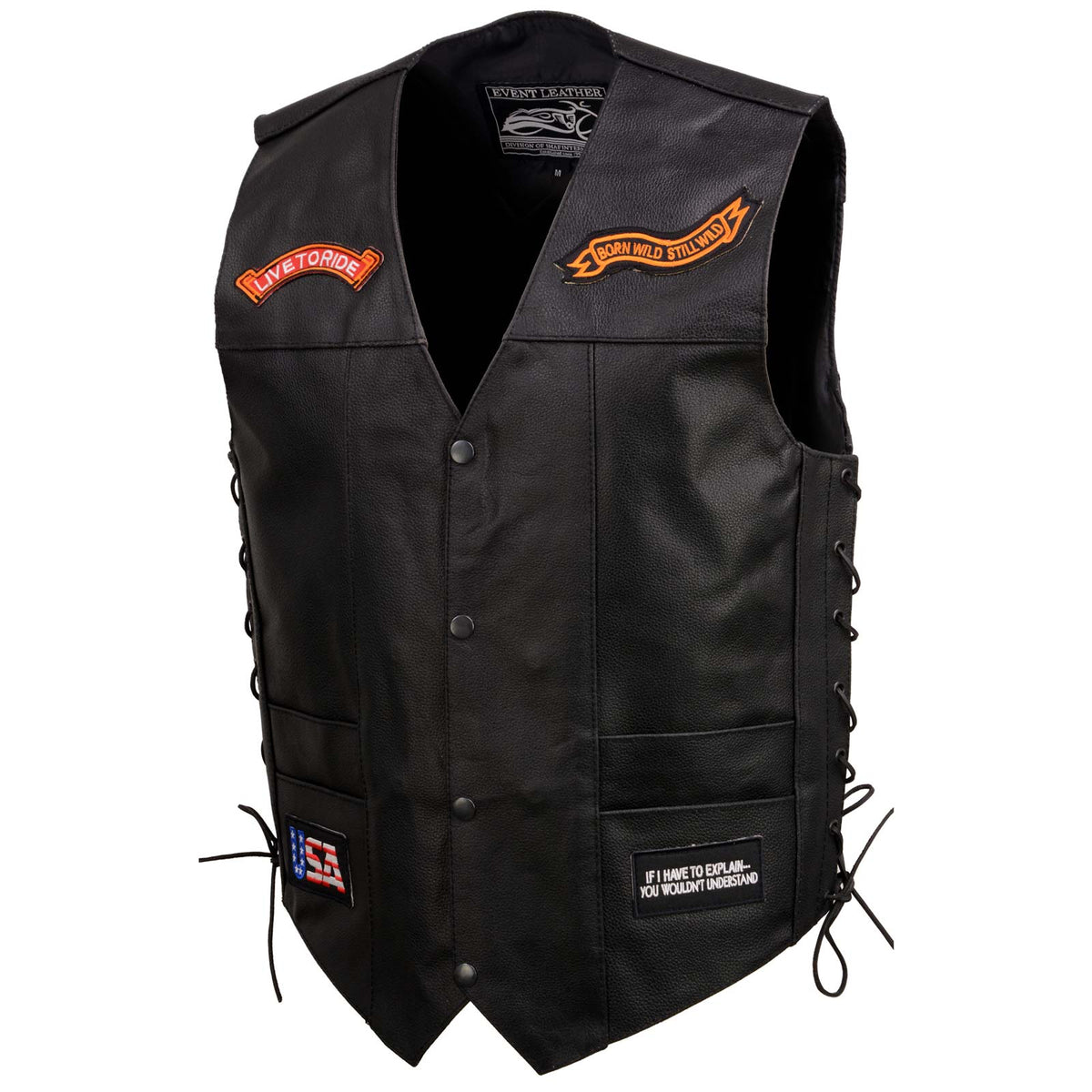 Event Leather ELM3930 Men’s Black Motorcycle Riders Leather Vest w/ 9 Patches and Adjustable Side Laces