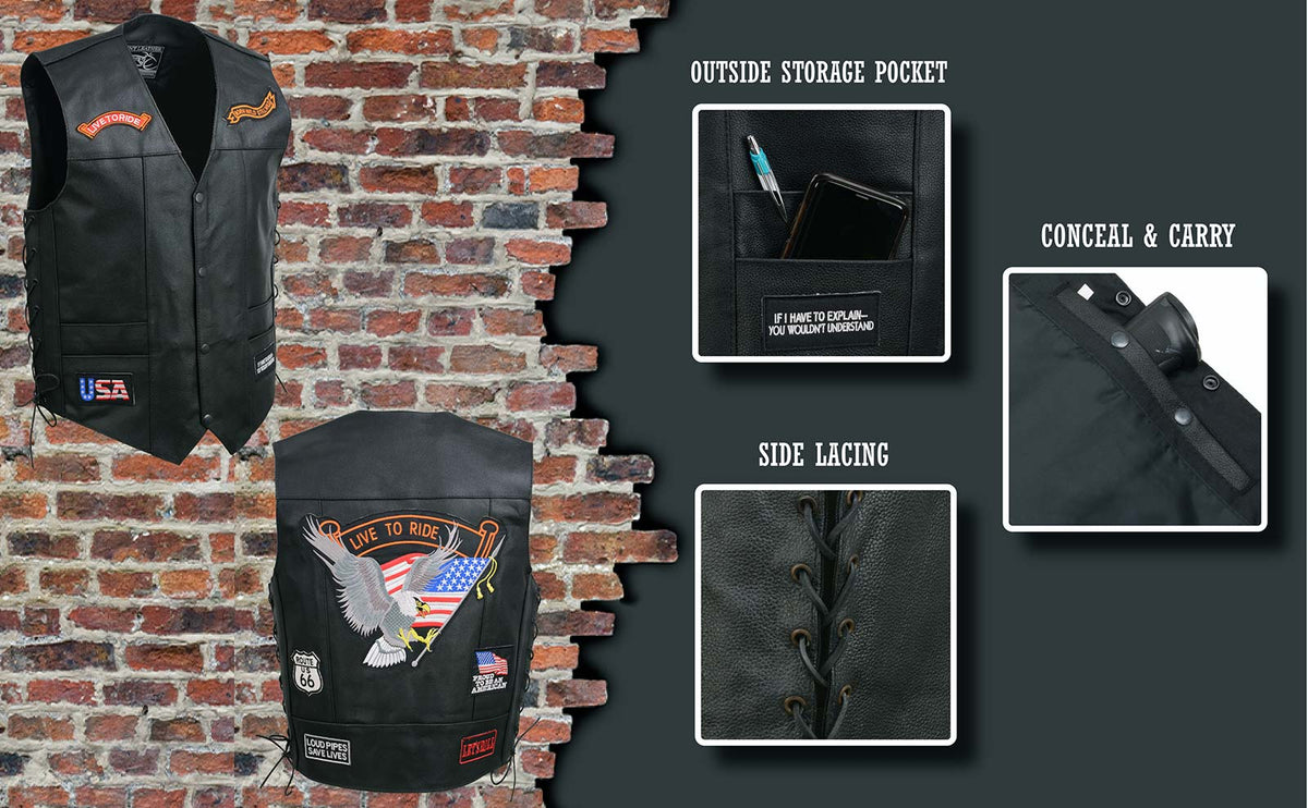 Event Leather ELM3930 Men’s Black Motorcycle Riders Leather Vest w/ 9 Patches and Adjustable Side Laces