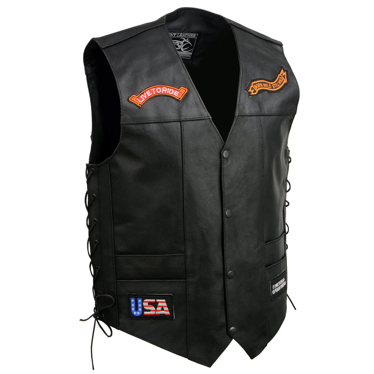 Event Leather ELM3930 Men’s Black Motorcycle Riders Leather Vest w/ 9 Patches and Adjustable Side Laces