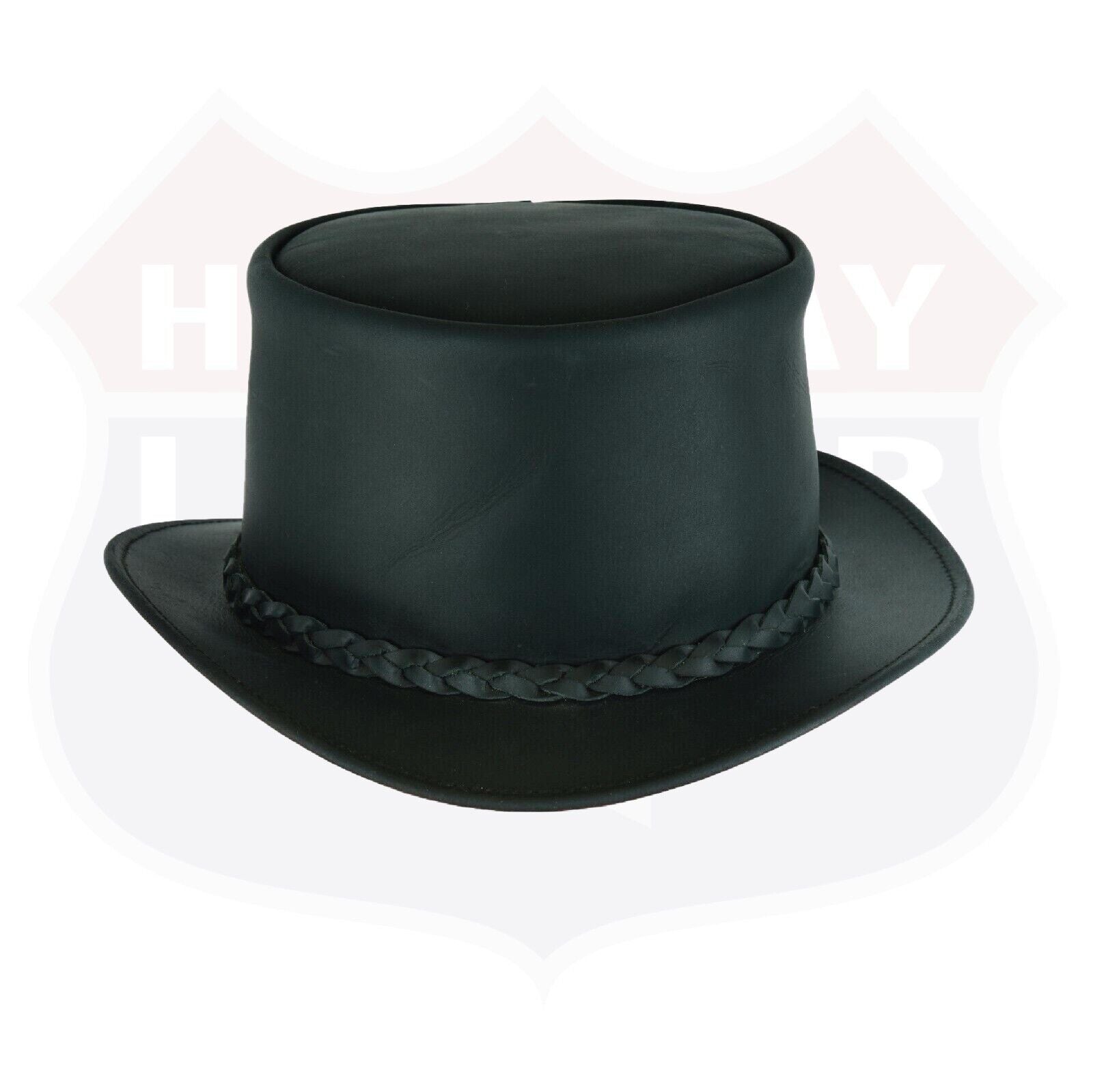 HL80111BLK-BRAID Handcrafted Black Leather TOP HAT shapeable brim and crown - HighwayLeather