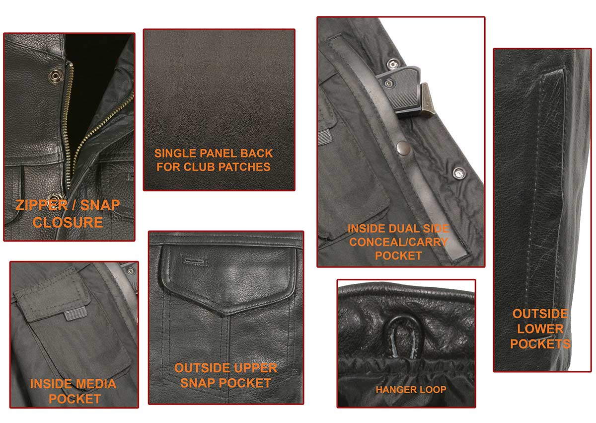 Just Leather JSM3511 Men's Black Collarless Dual Snap and Zipper Front Club Vest — image 4