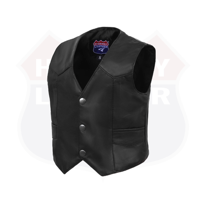 Kid's Unisex Classic Black Leather Motorcycle Western soft leather Vest - HighwayLeather