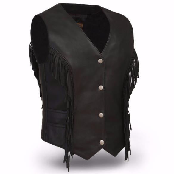 The Apache Ladies Lightweight Fringe Leather Vest Motorcycle Tassel Frill Vest Bikers  - HL14572 - HighwayLeather