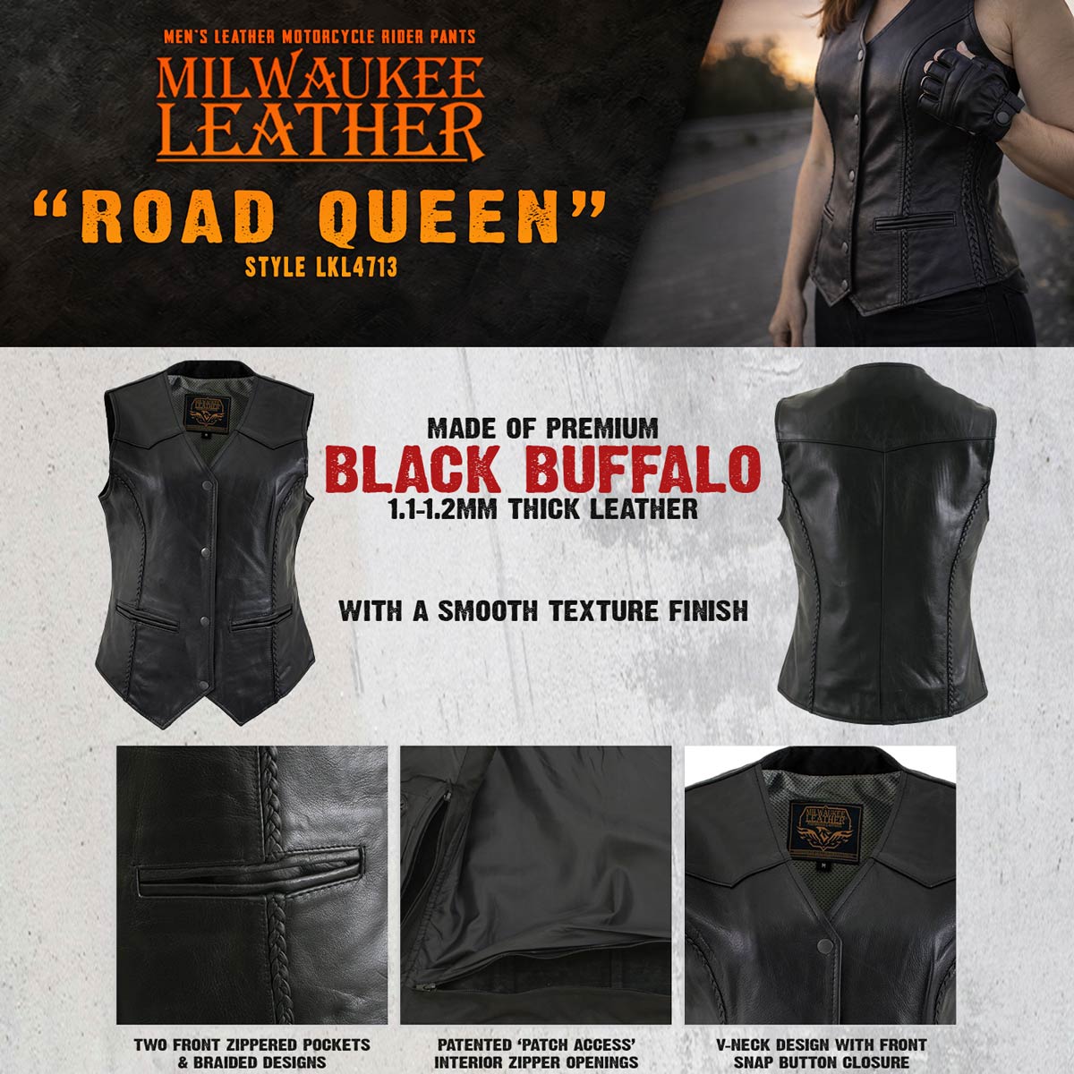 Milwaukee Leather Women's Road Queen Black Braided Buffalo Leather Motorcycle Vest - LKL4713 - image 5