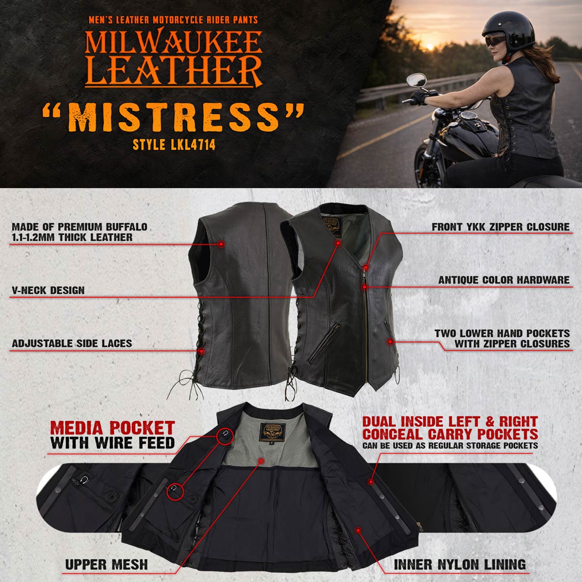Milwaukee Leather Women's Mistress Black Side Lace Leather Motorcycle Vest - LKL4714 - image 4