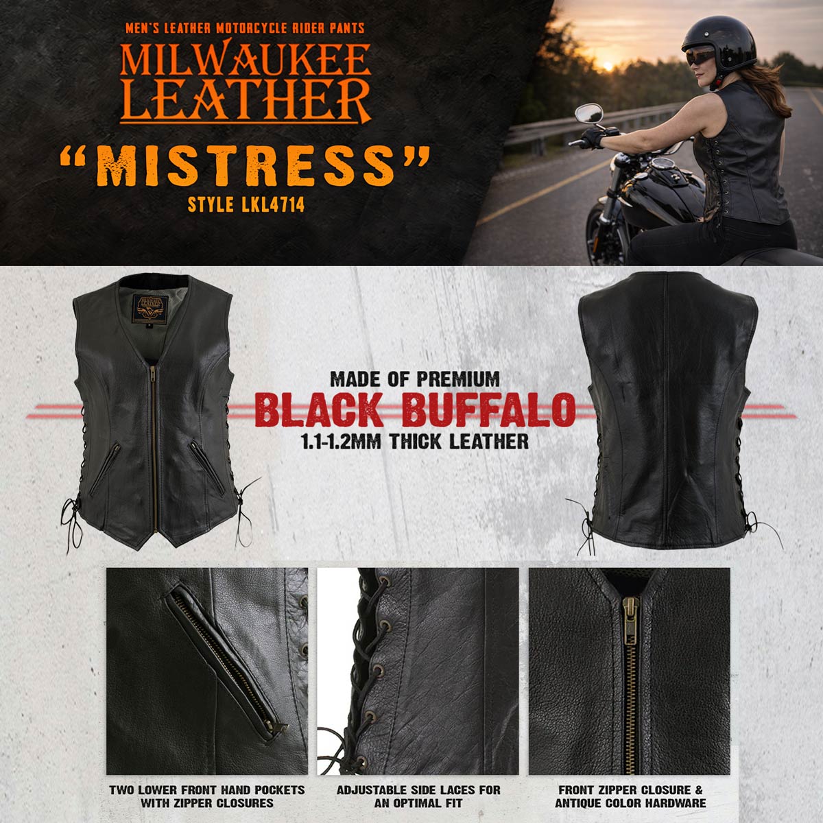 Milwaukee Leather Women's Mistress Black Side Lace Leather Motorcycle Vest - LKL4714 - image 5