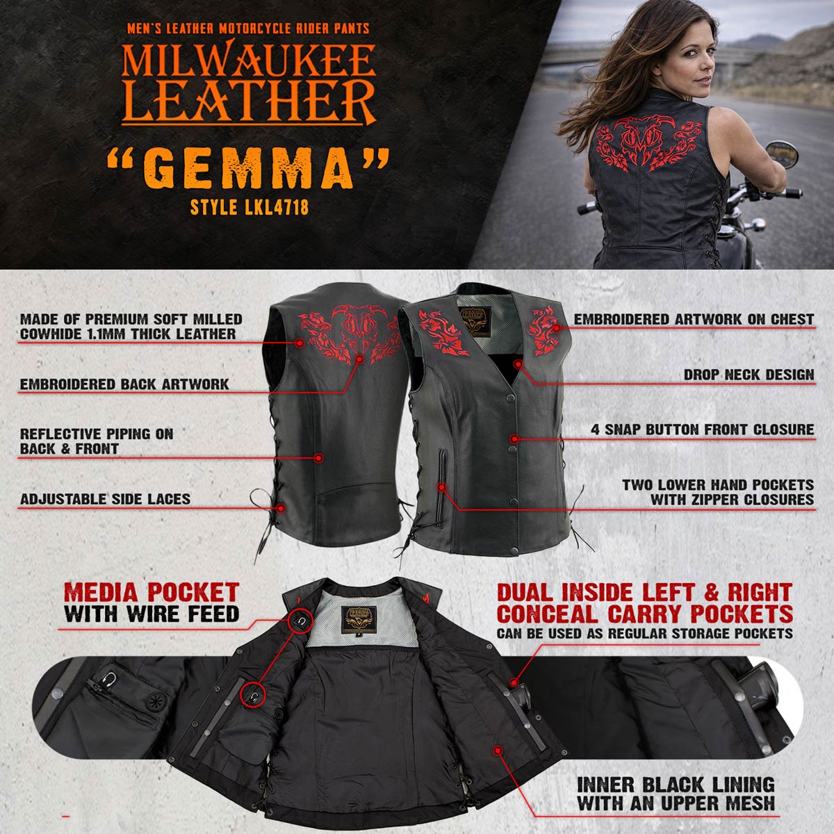 Milwaukee Leather Women's Gemma Black/Red Leather Motorcycle Vest with Side Laces - LKL4718 - image 4