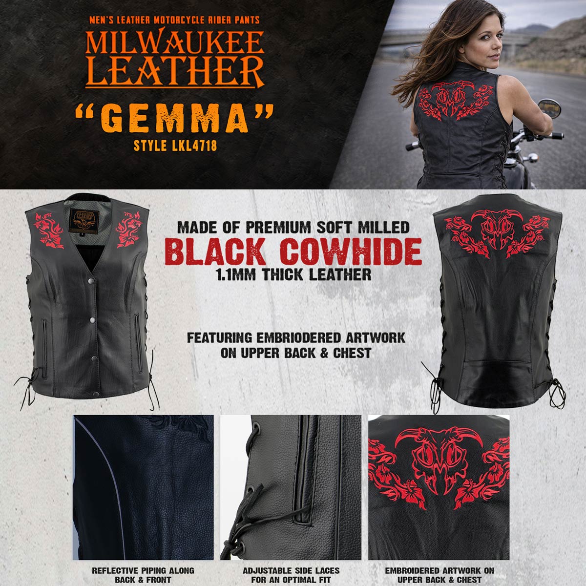 Milwaukee Leather Women's Gemma Black/Red Leather Motorcycle Vest with Side Laces - LKL4718 - image 5