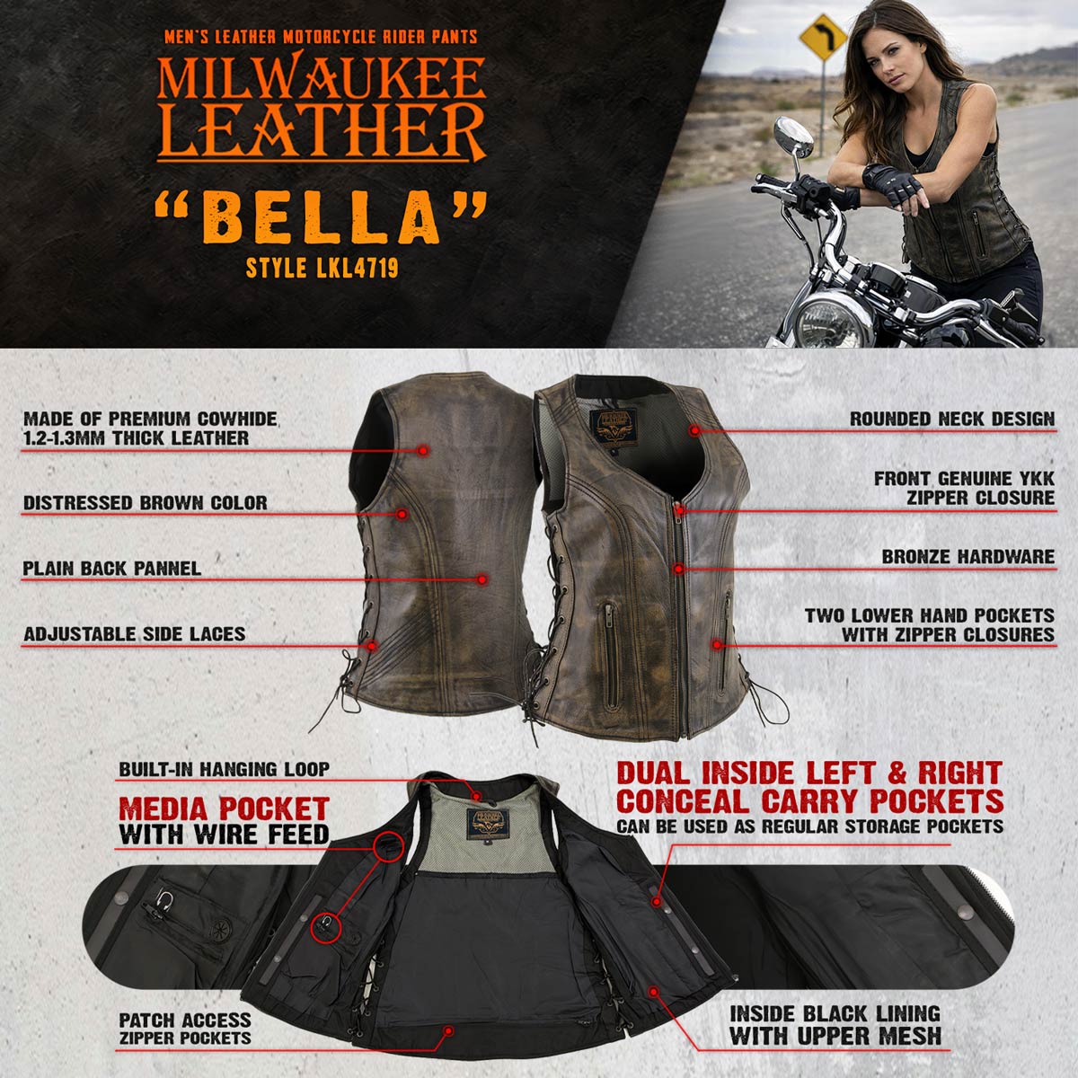 Milwaukee Leather Women's Bella Distressed Brown Leather Motorcycle Vest with Side Laces - LKL4719 - image 4