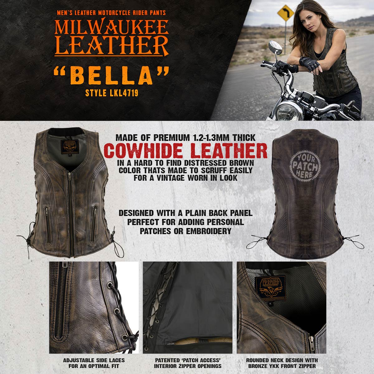 Milwaukee Leather Women's Bella Distressed Brown Leather Motorcycle Vest with Side Laces - LKL4719 - image 5