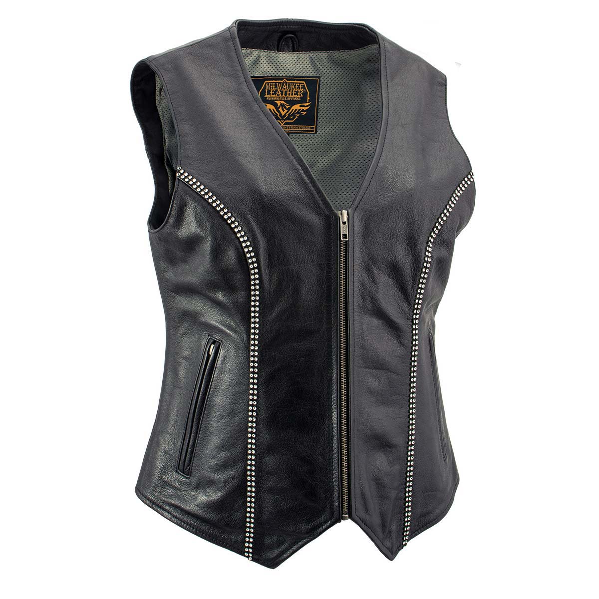 Milwaukee Leather Women's 'Bling' Black Leather V-Neck Motorcycle Rider Vest with Rhinestone Detail - LKL4721 - image 1