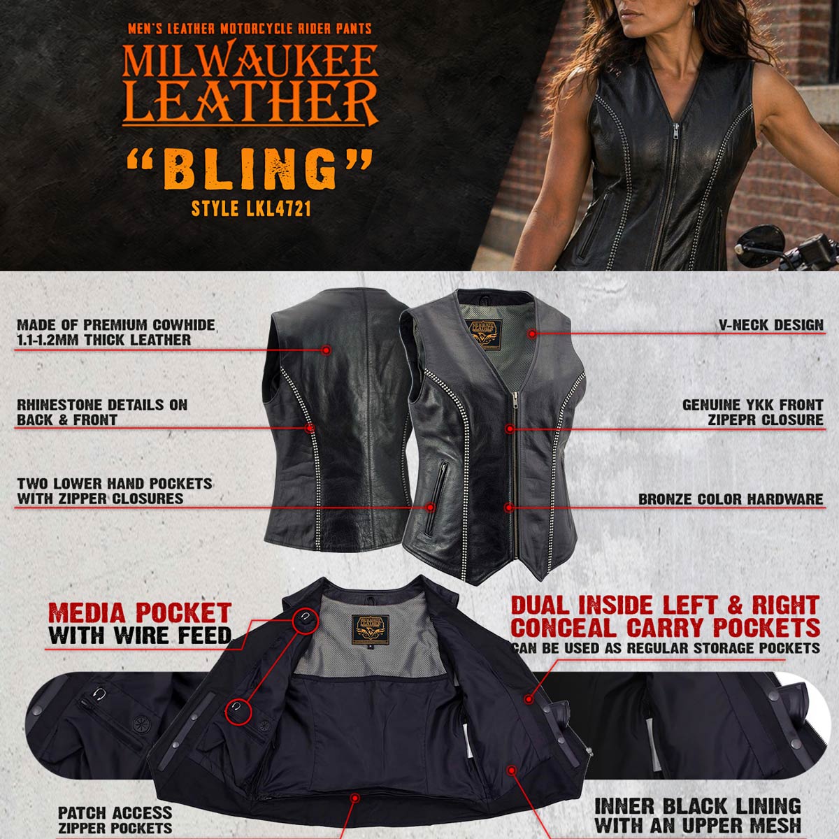 Milwaukee Leather Women's 'Bling' Black Leather V-Neck Motorcycle Rider Vest with Rhinestone Detail - LKL4721 - image 4