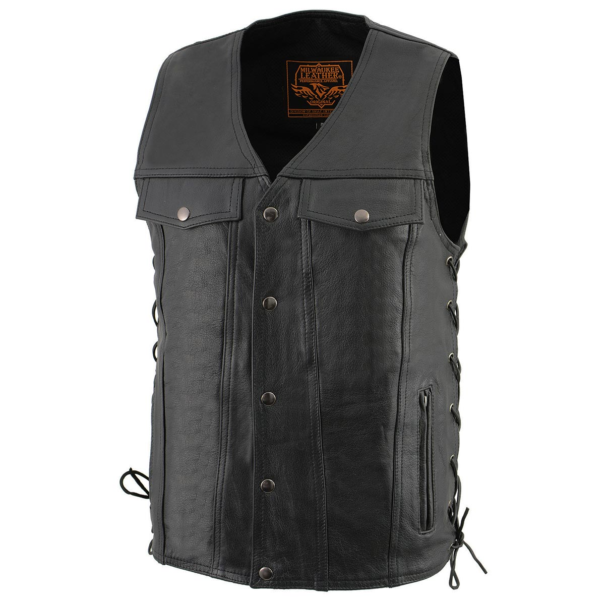 Milwaukee Leather LKM1360 Men's Classic Black Leather V-Neck Motorcycle Rider Vest w/ Adjustable Side Laces