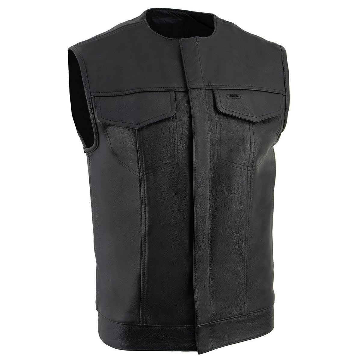 Z1R3721 Men’s ’338’ Black Collarless Motorcycle Leather Vest — image 1