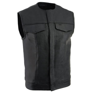 Z1R3721 Men’s ’338’ Black Collarless Motorcycle Leather Vest — image 1