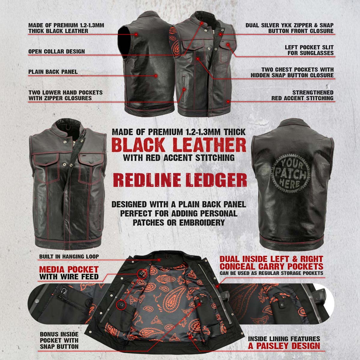 Milwaukee Leather Men's Redline Ledger Club‑Style Motorcycle Premium Leather Vest w/ Red Stitching LKM3788 — image 2