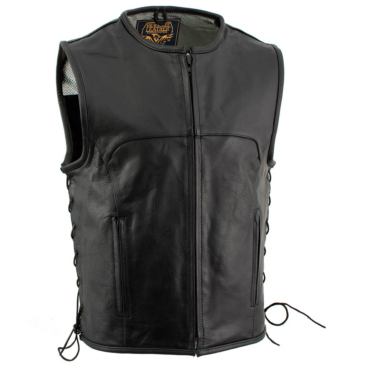 Milwaukee Leather Men's Drifter Black Collarless Buffalo Leather Motorcycle Vest - LKM3792 — image 1