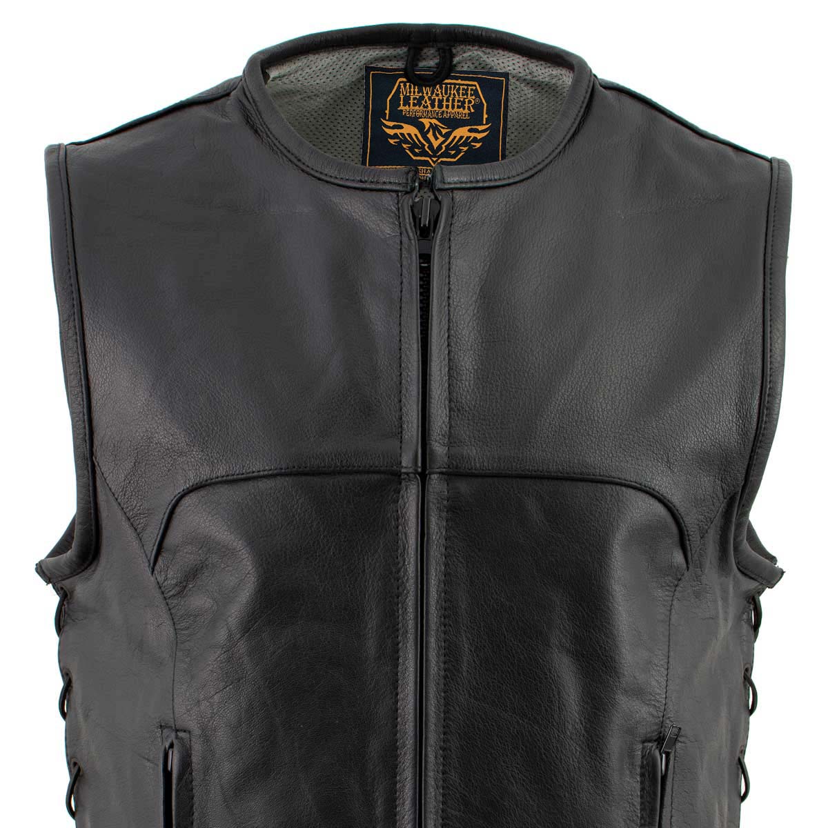 Milwaukee Leather Men's Drifter Black Collarless Buffalo Leather Motorcycle Vest - LKM3792 — image 8