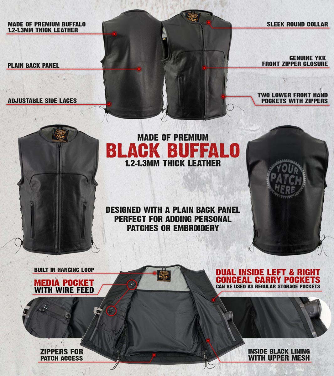 Milwaukee Leather Men's Drifter Black Collarless Buffalo Leather Motorcycle Vest - LKM3792 — image 2