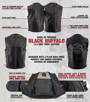 Milwaukee Leather Men's Drifter Black Collarless Buffalo Leather Motorcycle Vest - LKM3792 — image 2