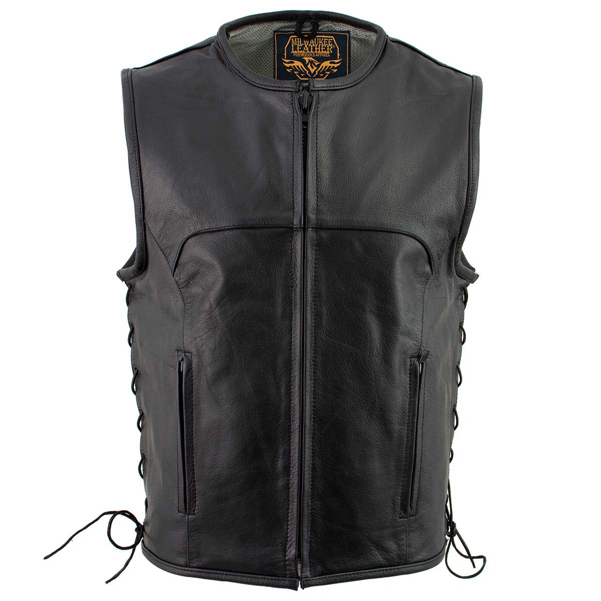 Milwaukee Leather Men's Drifter Black Collarless Buffalo Leather Motorcycle Vest - LKM3792 — image 10