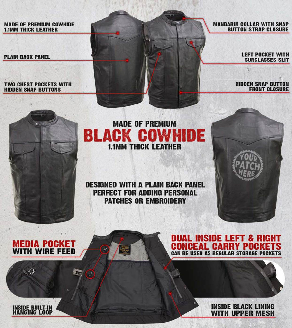 Milwaukee Leather Men's Quick Draw Black Cowhide Leather Motorcycle Vest - LKM3794 — image 2