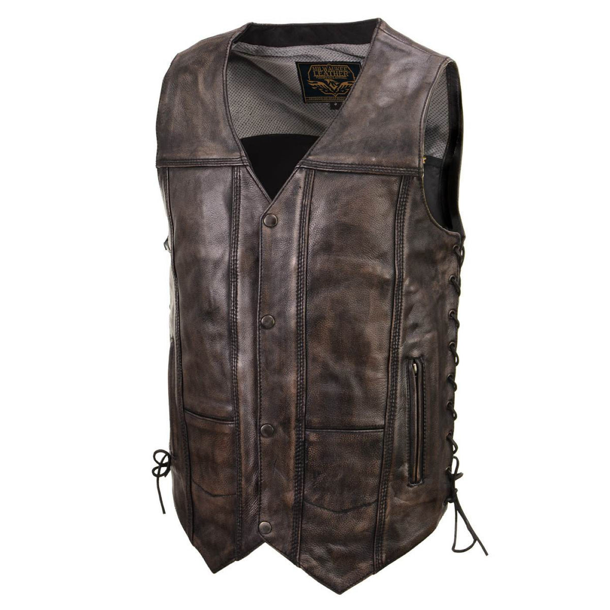 Milwaukee Leather Men's Wreck Distressed Brown Leather Motorcycle Vest - LKM3795 — image 7