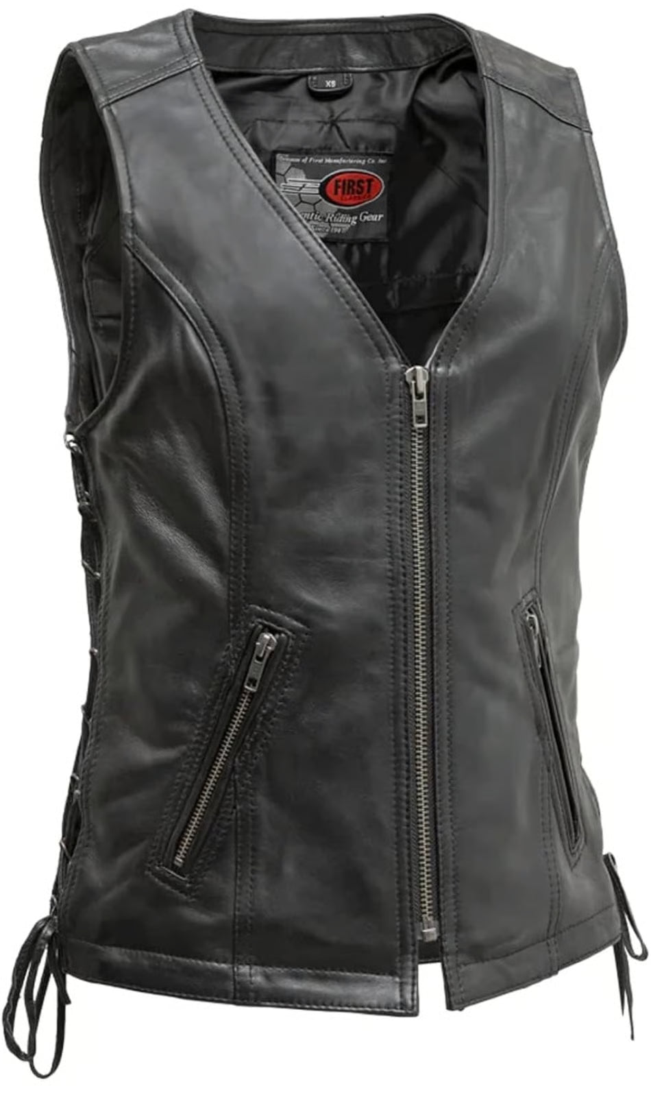 HL14576 - Women's Motorcycle Leather Vest Black Front Zipper side lace in Lamb