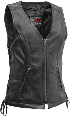 HL14576 - Women's Motorcycle Leather Vest Black Front Zipper side lace in Lamb