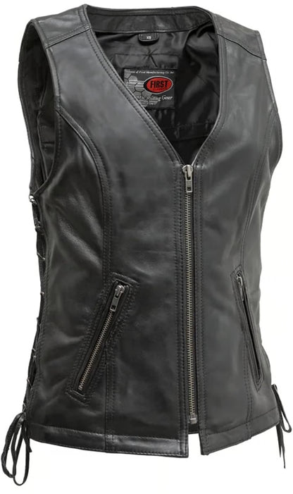 HL14576 - Women's Motorcycle Leather Vest Black Front Zipper side lace in Lamb