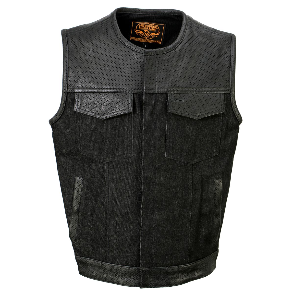 Milwaukee Leather MDM3008 Men's 'Brute' Black Perforated Leather and Denim Club Style Vest w/ Hidden Dual Closure — image 10