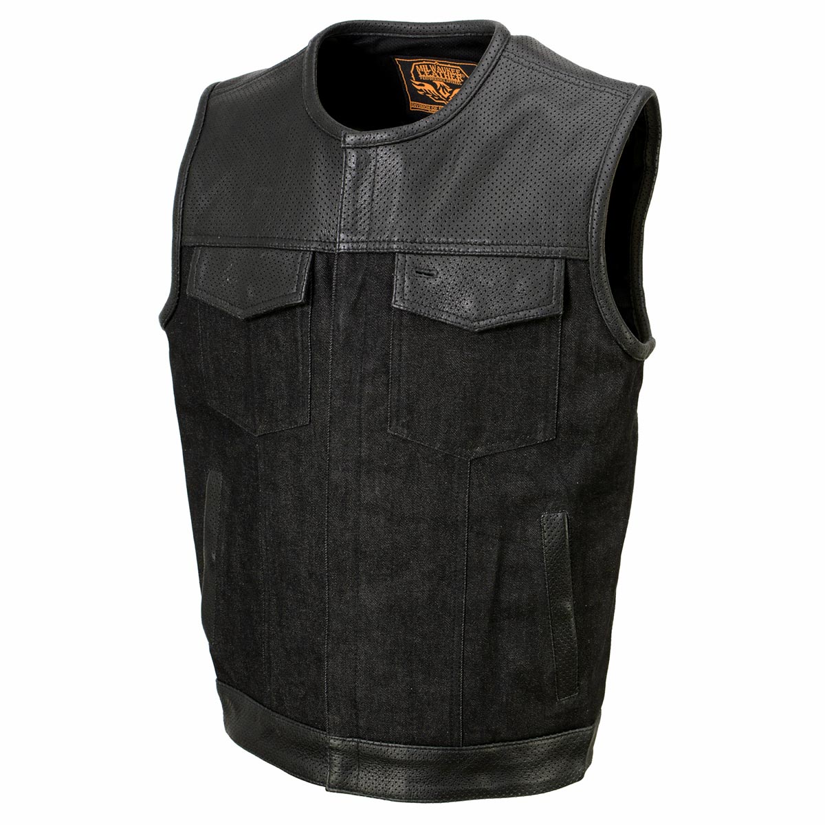 Milwaukee Leather MDM3008 Men's 'Brute' Black Perforated Leather and Denim Club Style Vest w/ Hidden Dual Closure — image 11