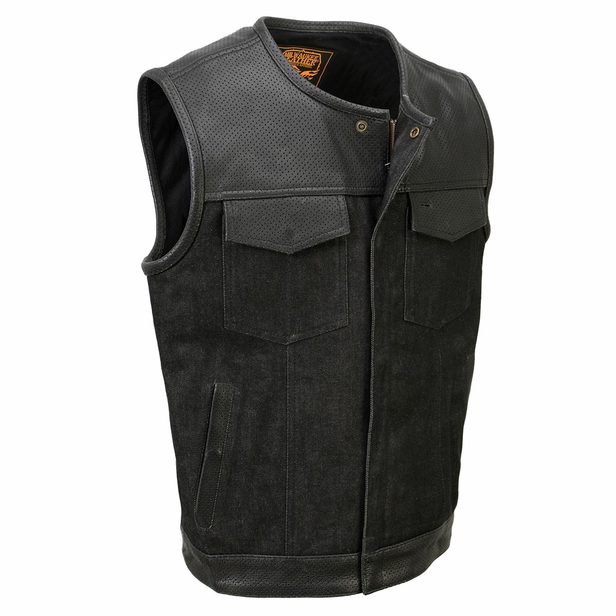 Milwaukee Leather MDM3008 Men's 'Brute' Black Perforated Leather and Denim Club Style Vest w/ Hidden Dual Closure — image 1