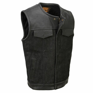 Milwaukee Leather MDM3008 Men's 'Brute' Black Perforated Leather and Denim Club Style Vest w/ Hidden Dual Closure — image 1