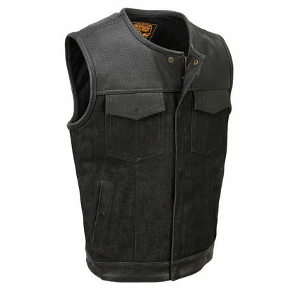Milwaukee Leather MDM3008 Men's 'Brute' Black Perforated Leather and Denim Club Style Vest w/ Hidden Dual Closure — image 1