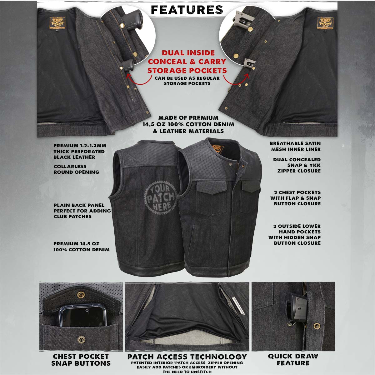 Milwaukee Leather MDM3008 Men's 'Brute' Black Perforated Leather and Denim Club Style Vest w/ Hidden Dual Closure — image 2