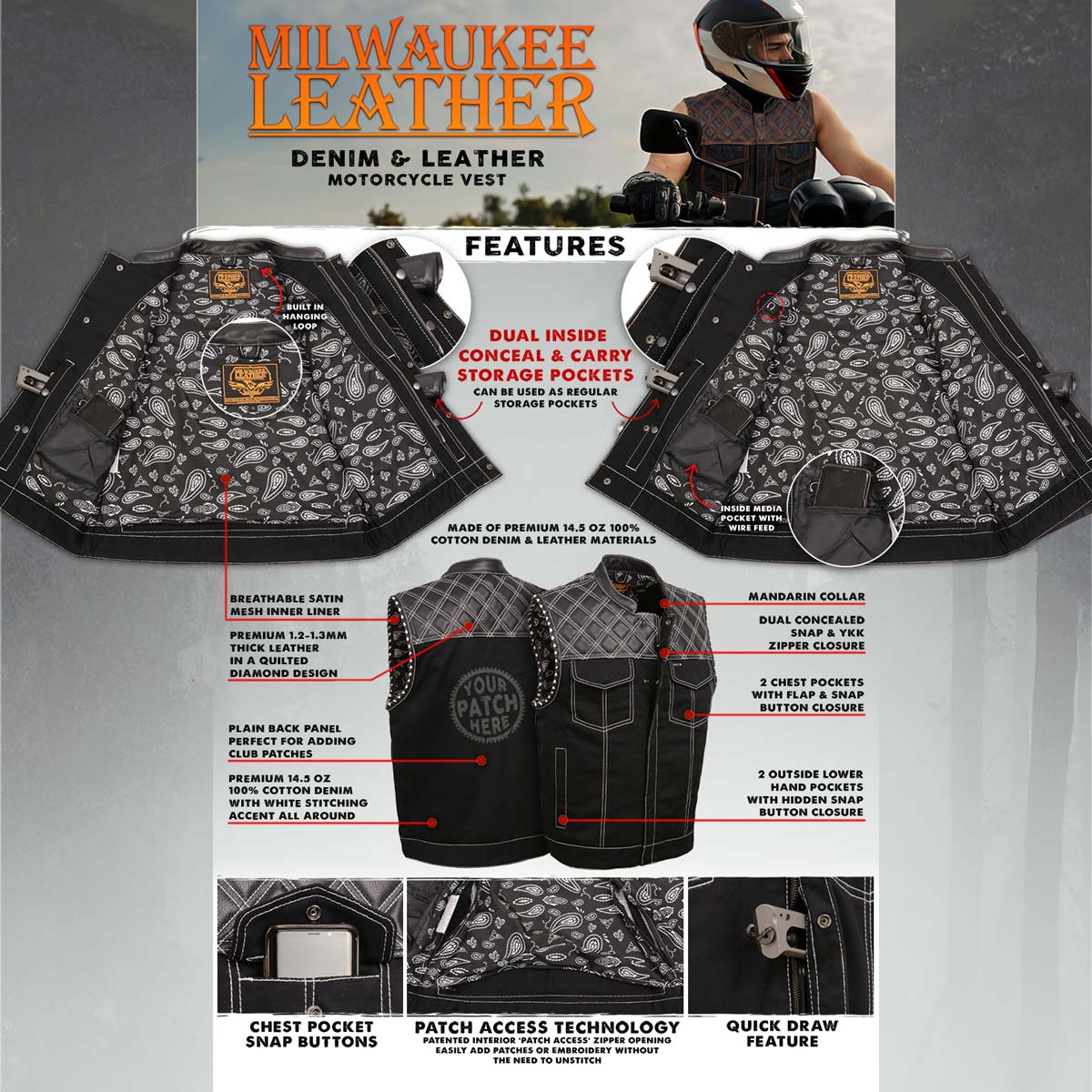 Milwaukee Leather MDM3035 Men’s Wrecker Club Vest – Black Denim & Leather, Diamond Quilt, White Stitch — image 2