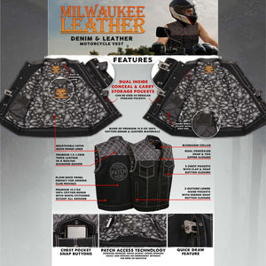 Milwaukee Leather MDM3035 Men’s Wrecker Club Vest – Black Denim & Leather, Diamond Quilt, White Stitch — image 2